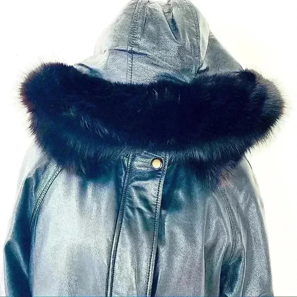 VINTAGE BLACK LEATHER FUR WINTER WOMAN COAT SIZE XS